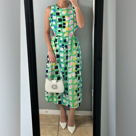 Anthropologie Colorful abstract cutout waist midi dress S | Mod feminine retro - Picture 1 of 15